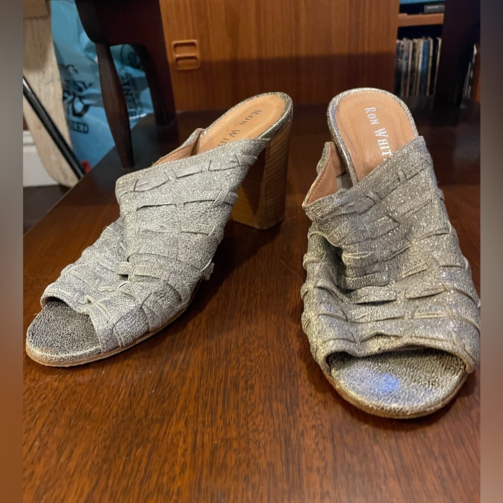 Ron White Metallic Heel Mule Peep Toe